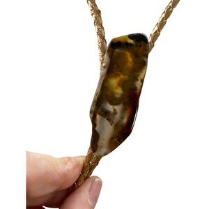 *Vintage Natural Stone Agate Bolo Tie Brown Gold Cord Western Ranch Cowboycore